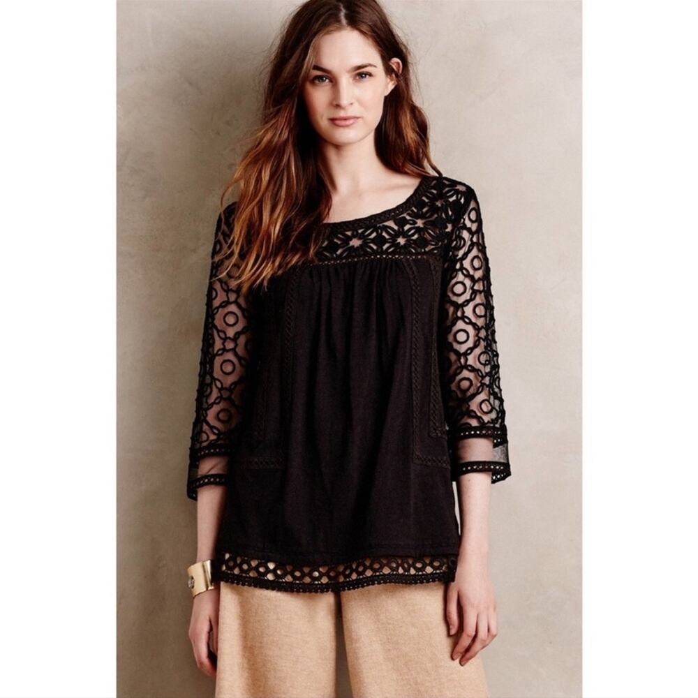 Anthropologie Meadow Rue Mantra Black Daisy Floral Crochet Lace Mesh Top S